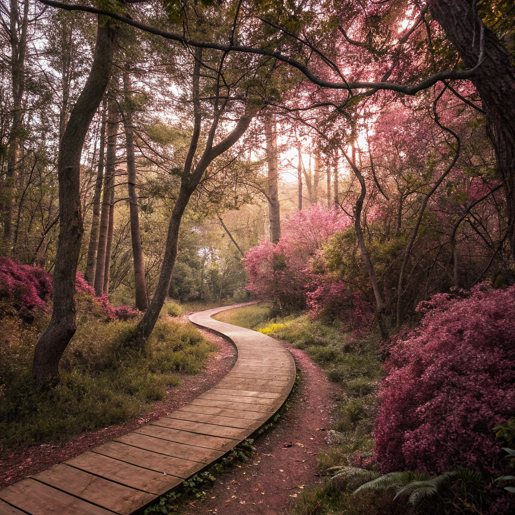 Jalan setapak kayu di hutan dengan bunga musim semi yang menenangkan